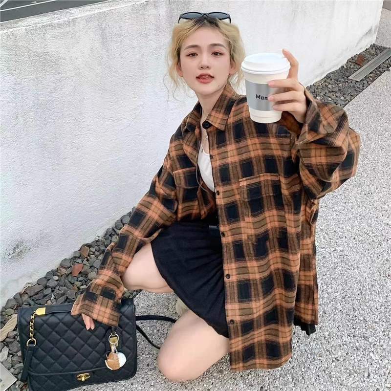 Retro Brown Plaid Shirt for Women 2024 New Korean Style Ins Loose Casual Slim Shirt for Outer Wear