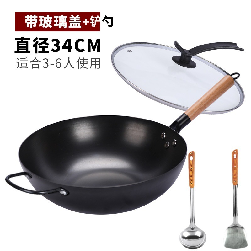 34cm 깊이 질화 평면 단일 냄비 + 귀 + 유리 뚜껑 + 삽 + 숟가락 [냄비 준비]