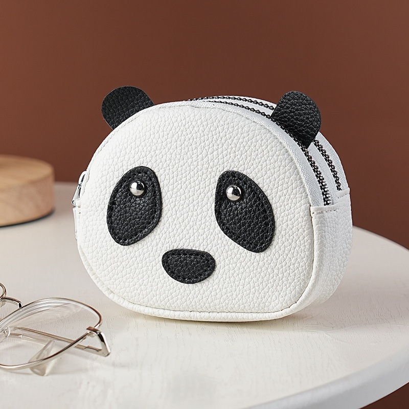 Cute panda pequeño bolso de cambio de cuero suave doble cremallera cabeza de monedas de cuero suave multifunción bolso de llaves para mujeres