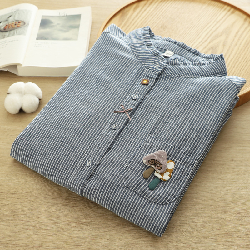 82492 Stylish Handmade Mushroom Lace Collar Striped Long-Sleeve Shirt for Women, Age-Reducing 2026 Spring New Style Top