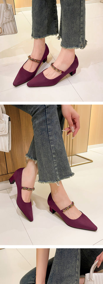 Giày cao gót nữ mũi vuông nhỏ quai ngang thanh lịch, gót vuông vừa 3–6 cm, chất liệu cashmere — Màu nâu, Màu đỏ rượu, màu đen chi tiết 12