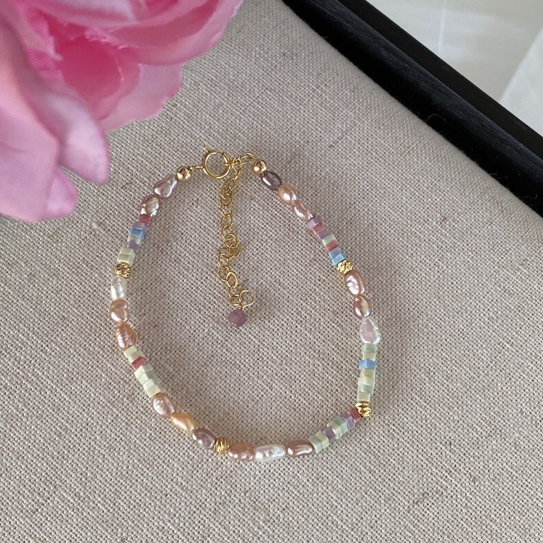 US-made 14K Pockets of Gold Pink Purple Shattered Silver Pearl Bracelet Mini Irregular Baroque Elegant Light Luxury Niche