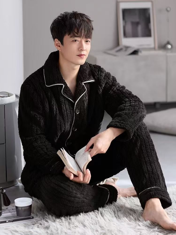 Pijama de lujo ligero de hombre engrosado de franela calentamiento conjunto coreano de mangas largas cardigan coral ropa para el hogar grande otoño