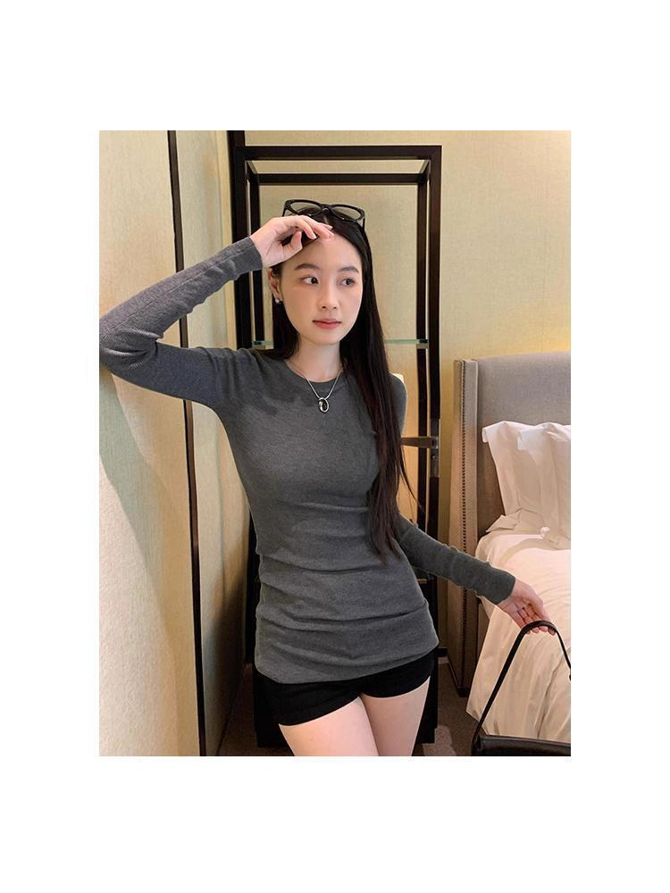Korean-Style Gray Regular Shoulder Thermal Long-Sleeve T-Shirt for Women, 2025 New Slim-Fit Round Neck Base Shirt for Layering
