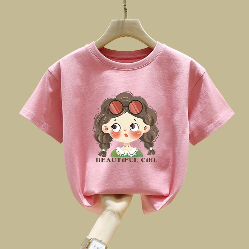 2529#100% Cotton Girls' Short-sleeved T-shirt Student New Children's Top All-match Baby Girl's Summer Suction Sweatshirt