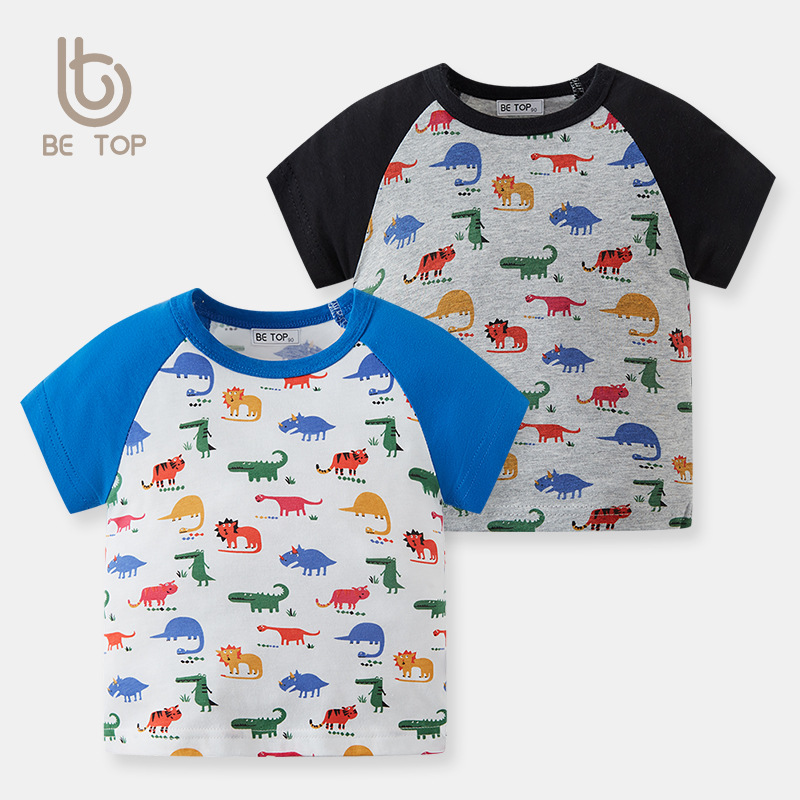 2025 nueva ropa infantil de cuello redondo con estampado completo de dibujos animados de dinosaurios, manga para niños, verano, algodón puro, delgado, de una pieza, envío directo.