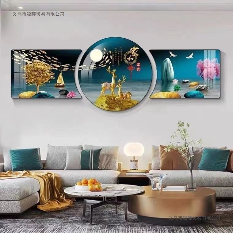 新款客厅装饰画现代简约背景墙沙发山水三联中式挂画轻奢壁画晶瓷