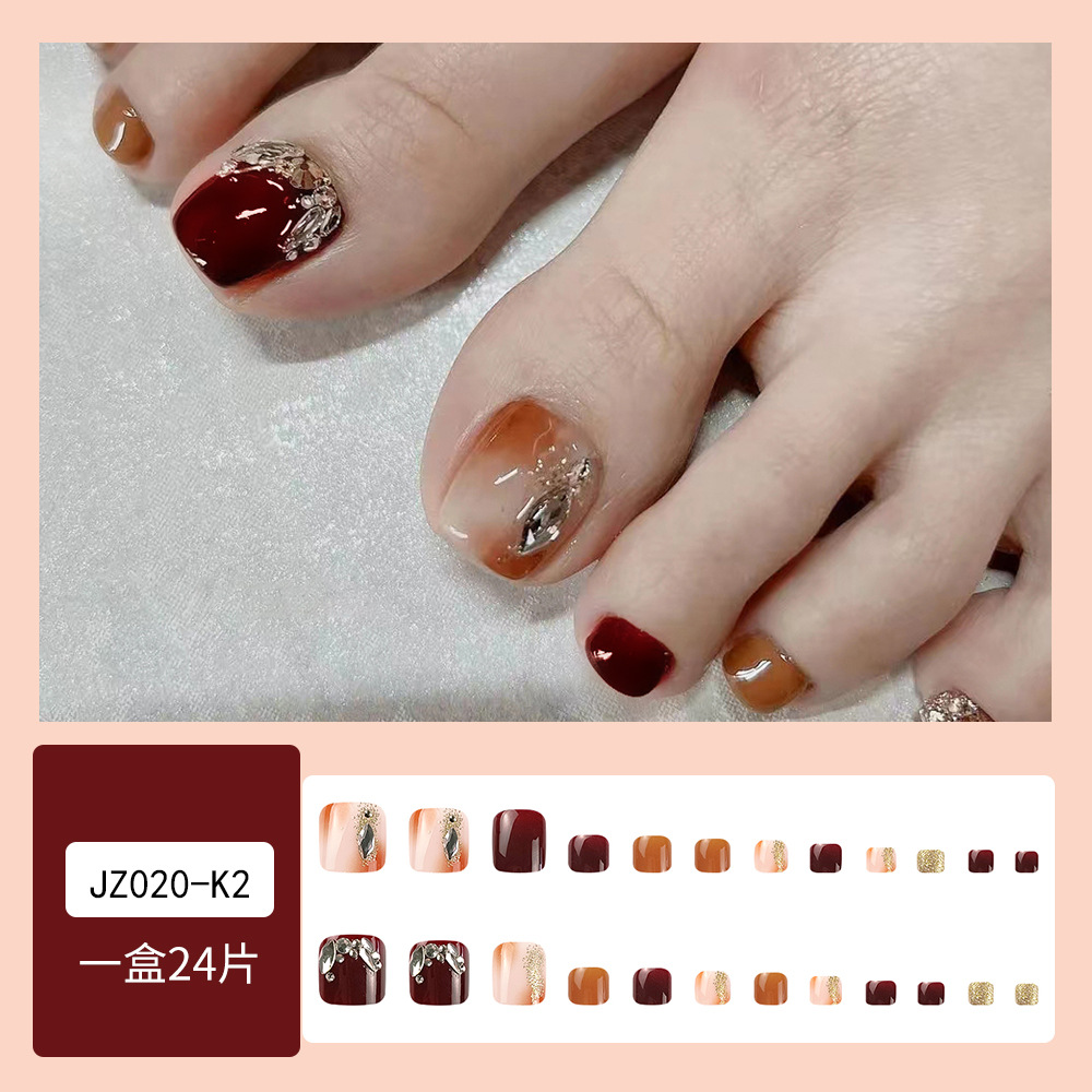 Vino rojo salto color dedo del pie desgaste de uñas pieza de manicura manchas de café diamante completo dedo del pie parche de uñas producto terminado 24 unidades caja image 7