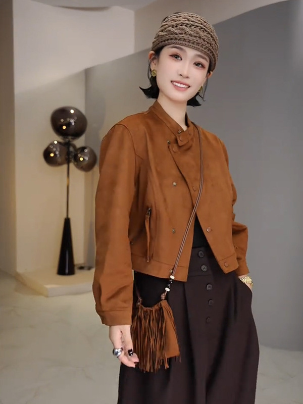 韩系复古麂皮绒斜扣配包包短外套女202秋季新款休闲机车夹克上衣|undefined