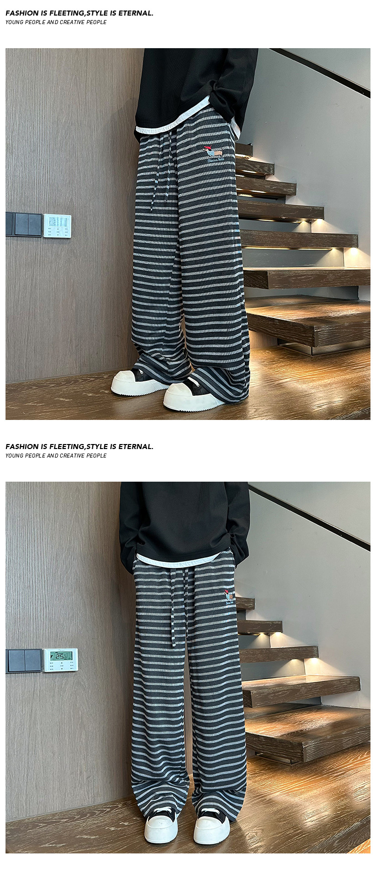 Pantalon décontracté homme rayé avec broderie teckel ample_voghion.com