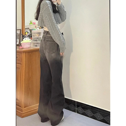 Gradient color wide-leg jeans for women's spring and summer new high-waist niche design straight loose mopping pants