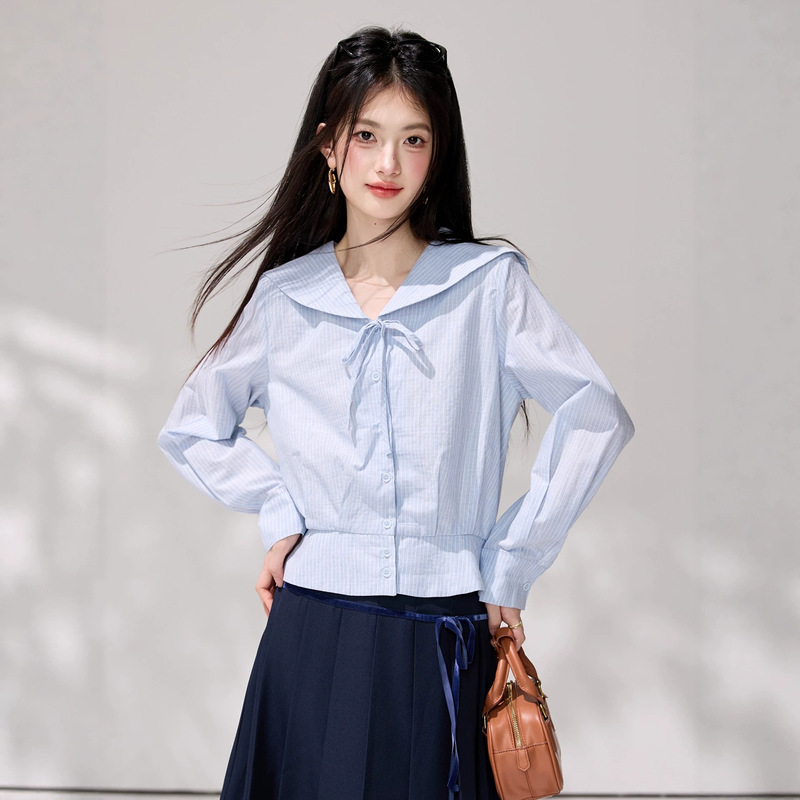 Blue striped navy collar tie long-sleeve shirt for women, new autumn design, casual and versatile plus-size top Blue striped navy collar tie long-sleeve shirt for women, new autumn design, casual and versatile plus-size top