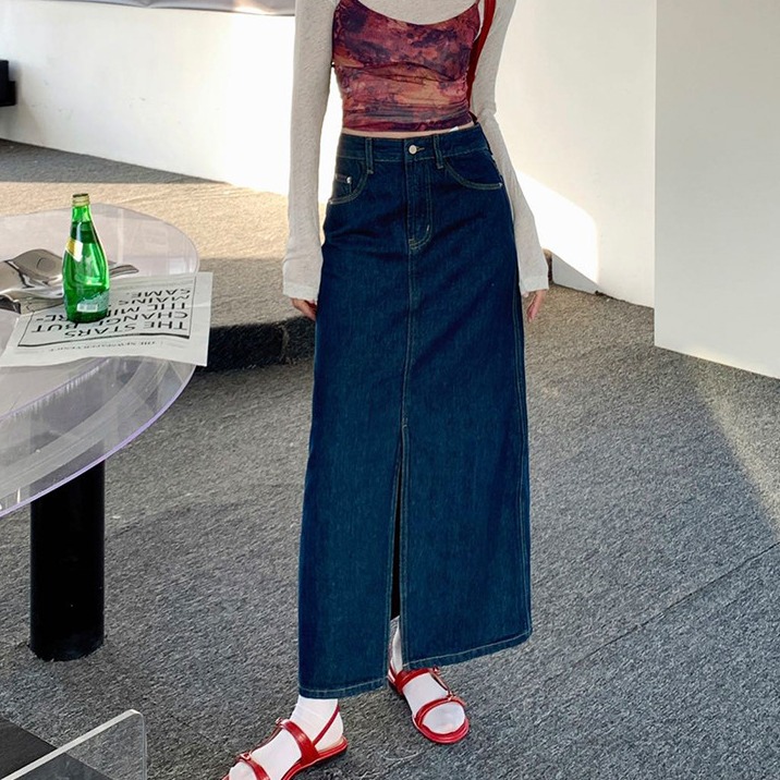 Retro Denim Skirt for Tall Women 2025 Korean Style High Waist Straight Slit Slim Dark Blue Denim Skirt Long Style