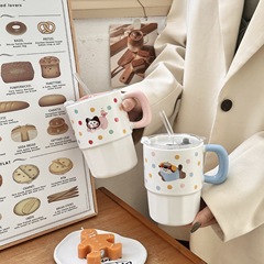 漫画ストローカップ蓋付き高颜値セラミックマグカップカップル用カップ家庭用コーヒージュースカップ子供