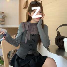 官图实价 半高领蝴蝶结蕾丝微透T恤上衣女秋季叠穿吊带两件套装