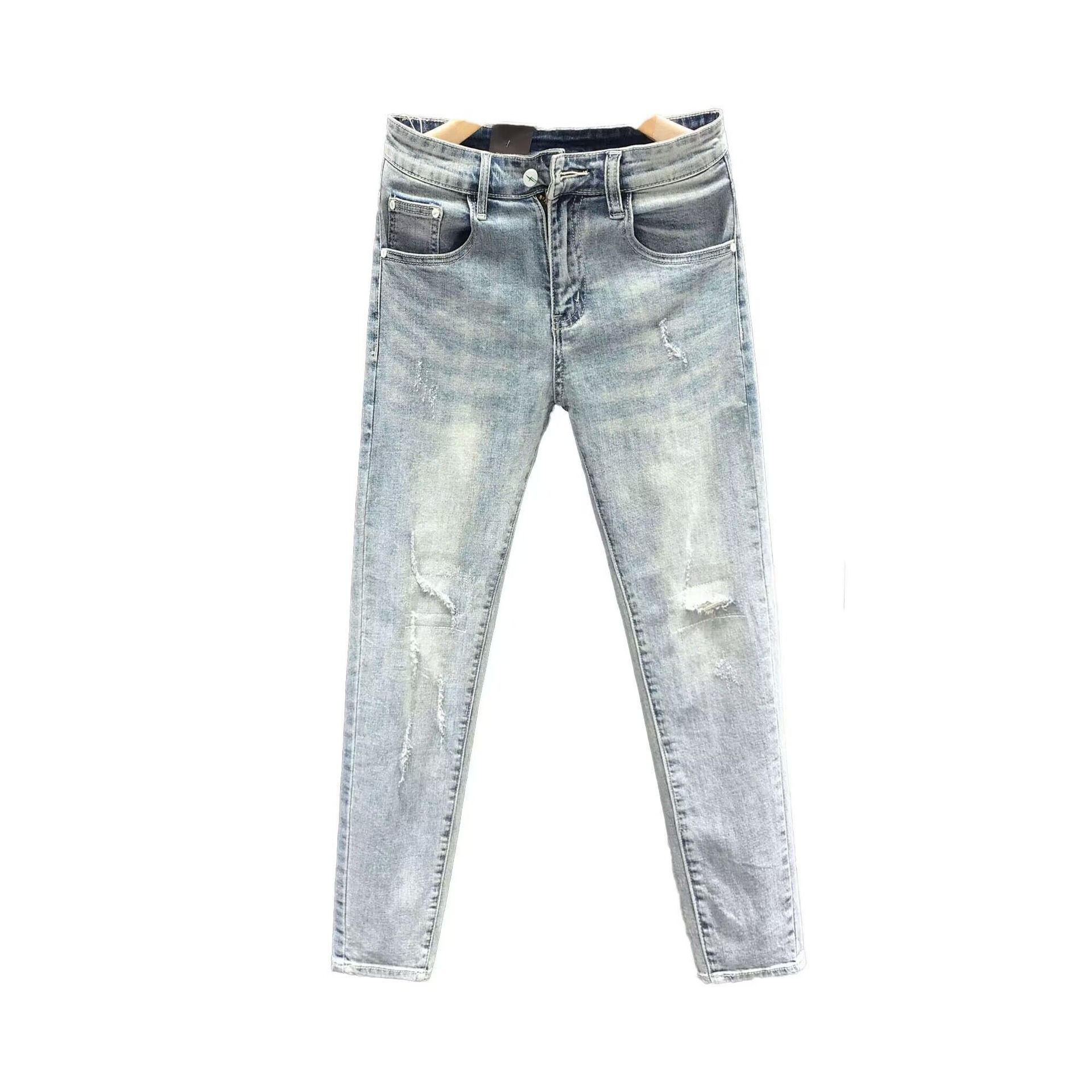 Men's Clothing Summer heavy wash retro distressed ripped jeans men's trendy brand handsome scraped slim fit skinny nine point pants_voghion.com