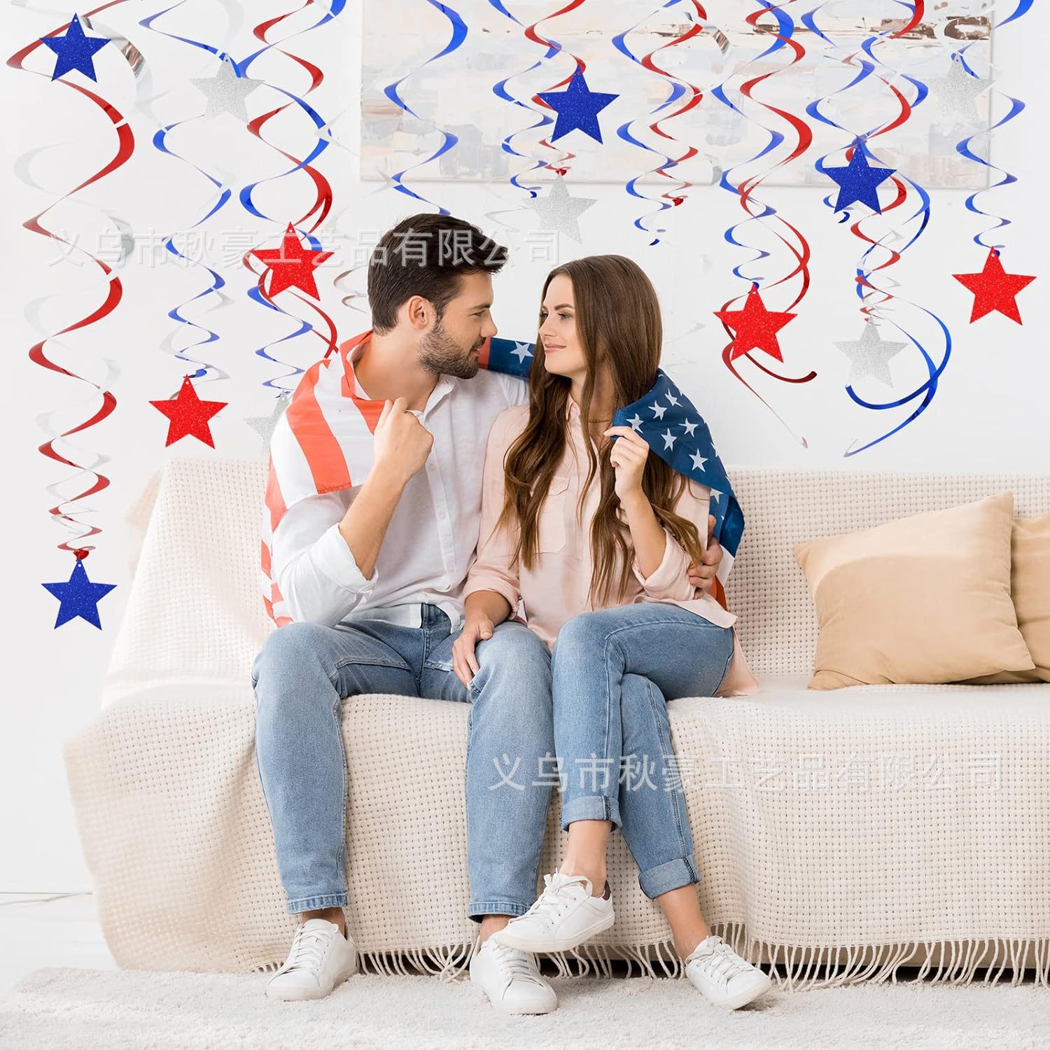 2024 nuevo elemento rojo, azul y blanco espiral pentagonal 40 piezas de fiesta del día de la independencia decoración de correa transfronteriza