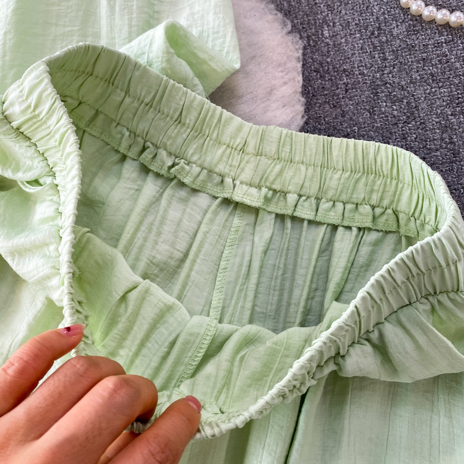 Mambo Mint Green Women's Clothing Set Refreshing Skin Friendly Breathable Loose Fitting Long Sleeved Shirt Jacket with High Waisted Wide Leg Pants_ecoleips.com