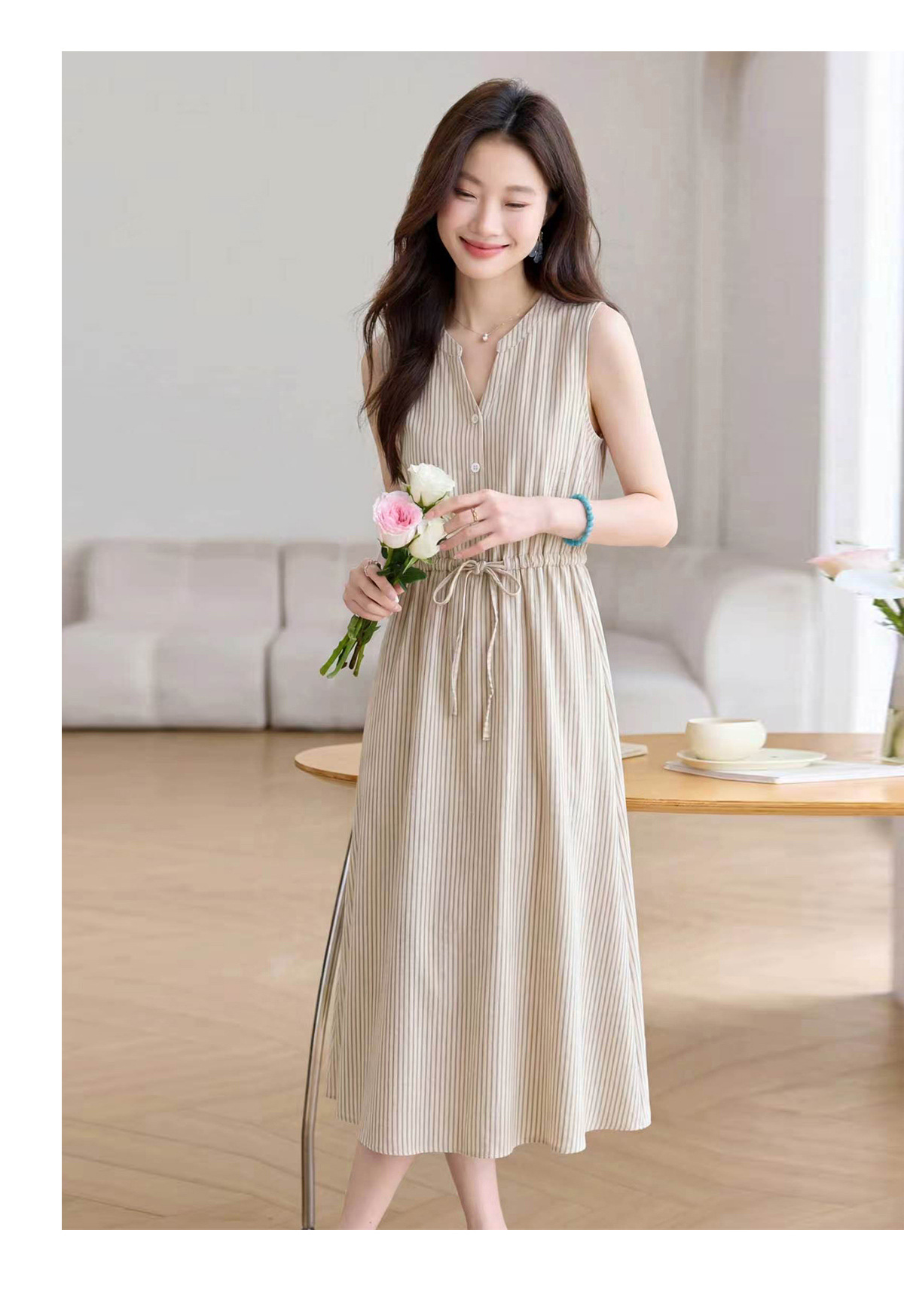 Đầm maxi nữ thắt eo cổ V rút dây, dáng chữ A trung niên mùa hè — Sọc Tây Tạng, Lưới đỏ, Sọc kaki chi tiết 19