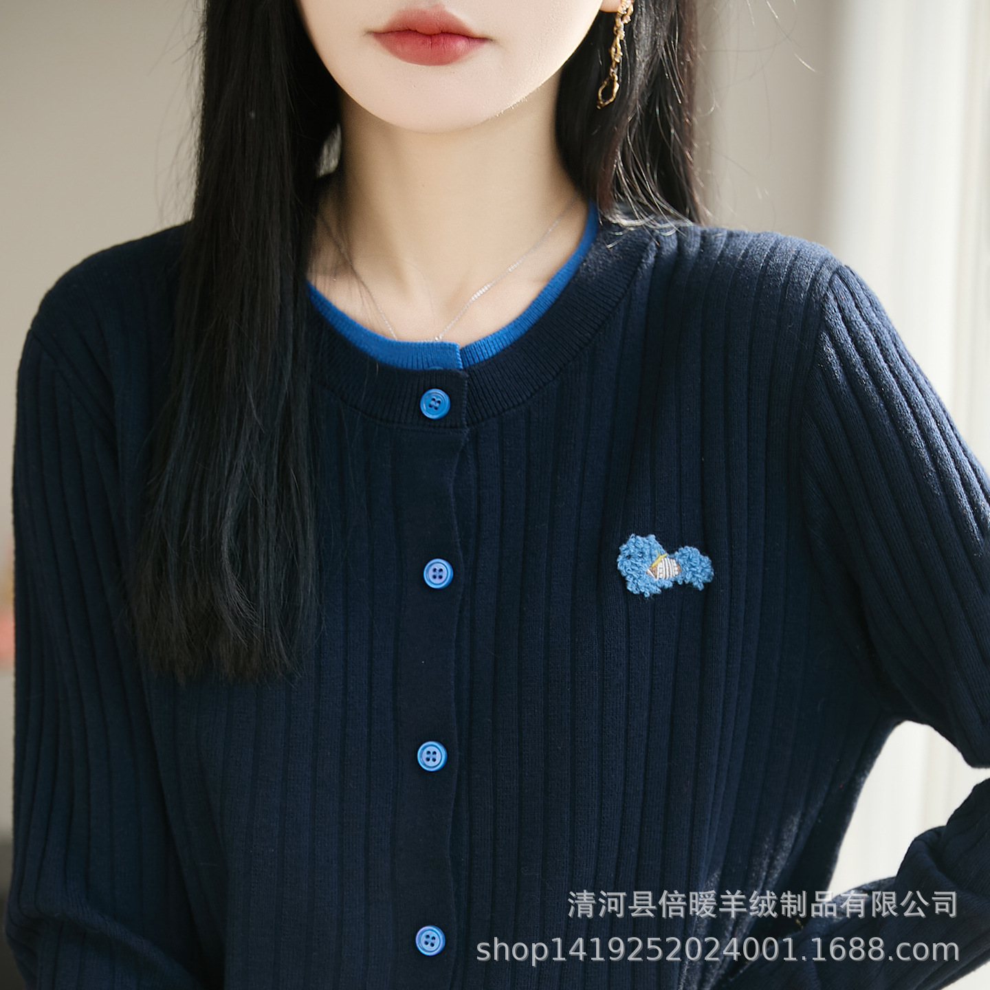 韩版复古撞色假两件圆领长袖针织开衫女洋气刺绣坑条排扣上衣外套
