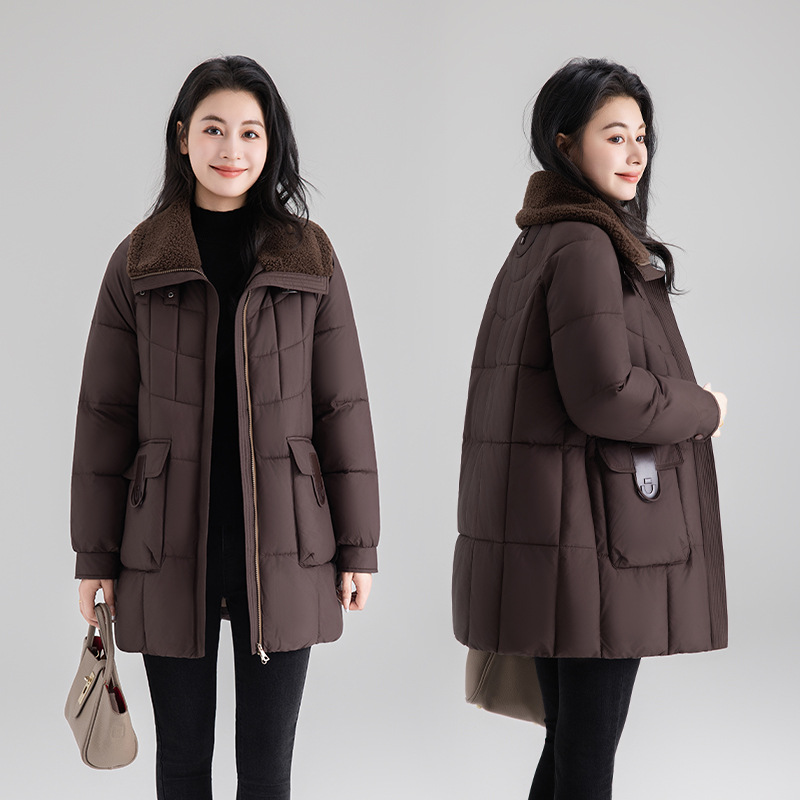 2025 invierno nuevo cuello suelto de costura media larga gran bolsillo delgado estilo coreano chaqueta de algodón de alta calidad