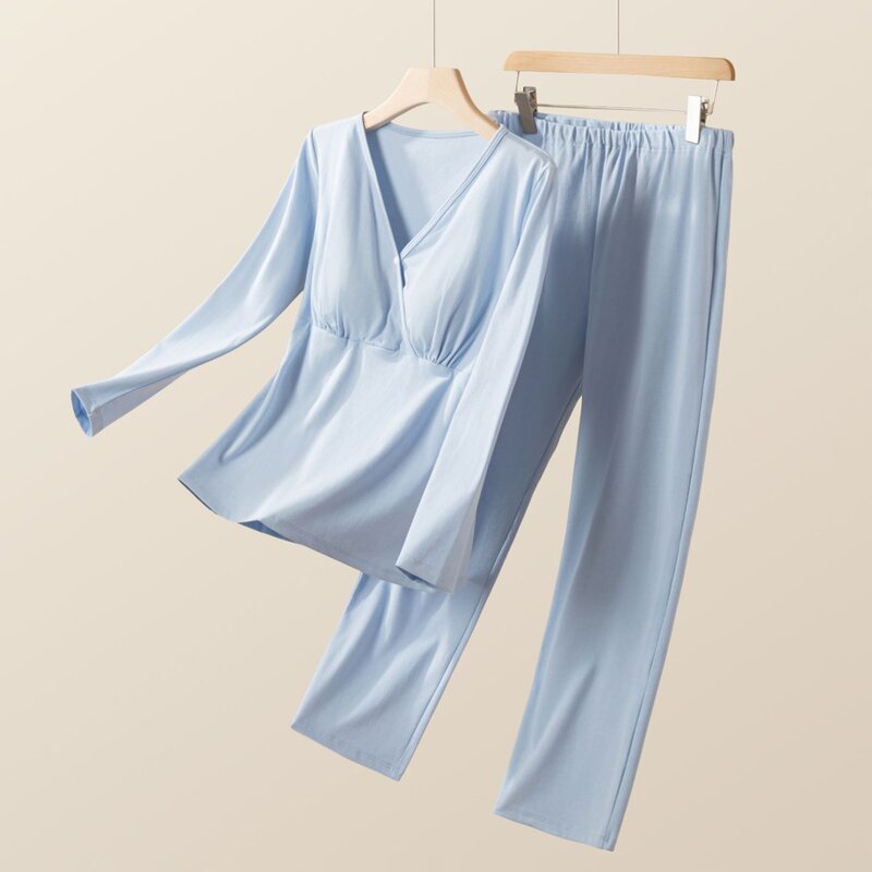 Ribbed cotton crossover plus-size maternity nursing outfit set, spring and autumn long-sleeve loungewear, can be worn outside, postpartum clothing two-piece set Ribbed cotton crossover plus-size maternity nursing outfit set, spring and autumn long-sleeve loungewear, can be worn outside, postpartum clothing two-piece set