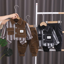 秋季新款男童翻领竖条衬衫长袖套装宝宝0-5岁休闲长裤两件套代发2