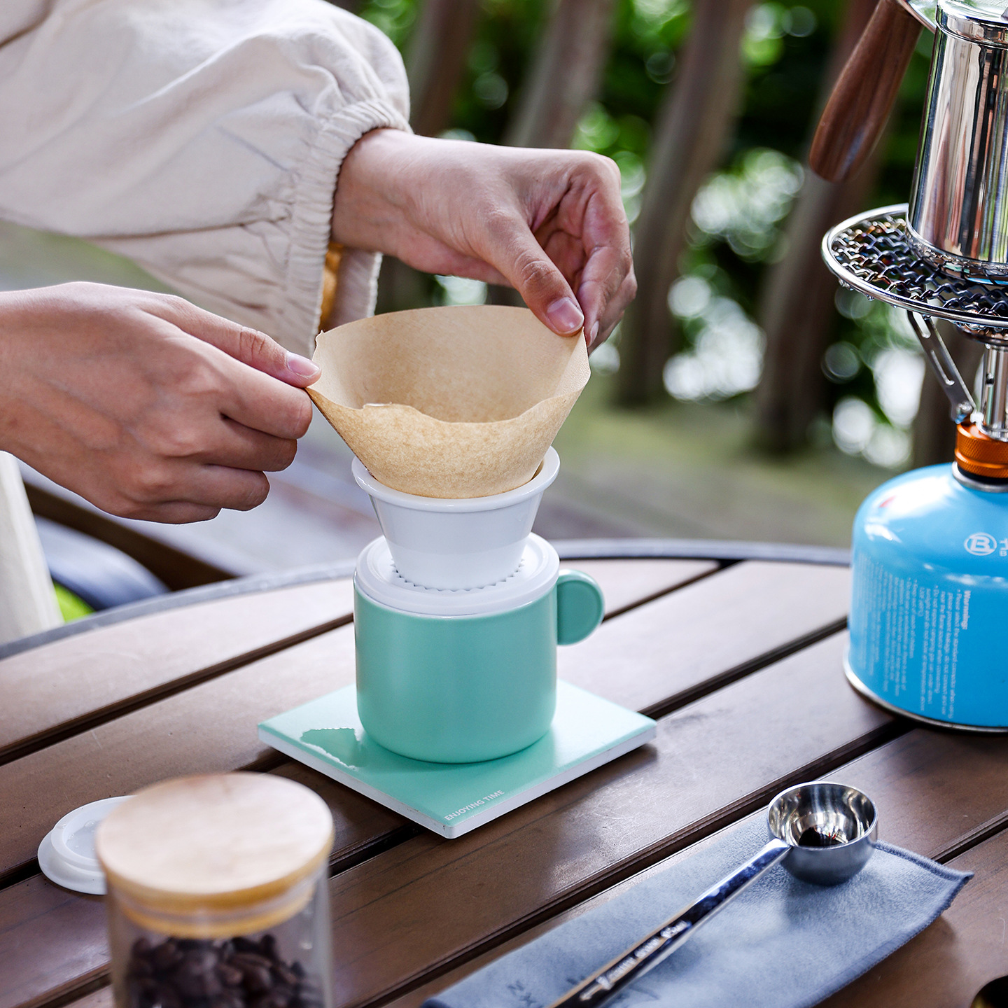 Kit de café de viaje portátil camping al aire libre molino de frijoles hervidor de mano equipo de café hervido conjunto de té y café