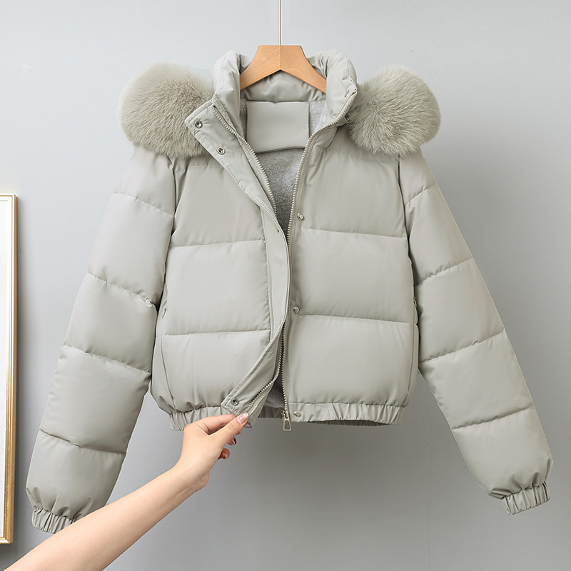 2025 otoño y invierno nuevo estilo americano pequeño corto gran cuello de cabello y camello grueso chaqueta de algodón de invierno de mujer chaqueta de algodón image 8