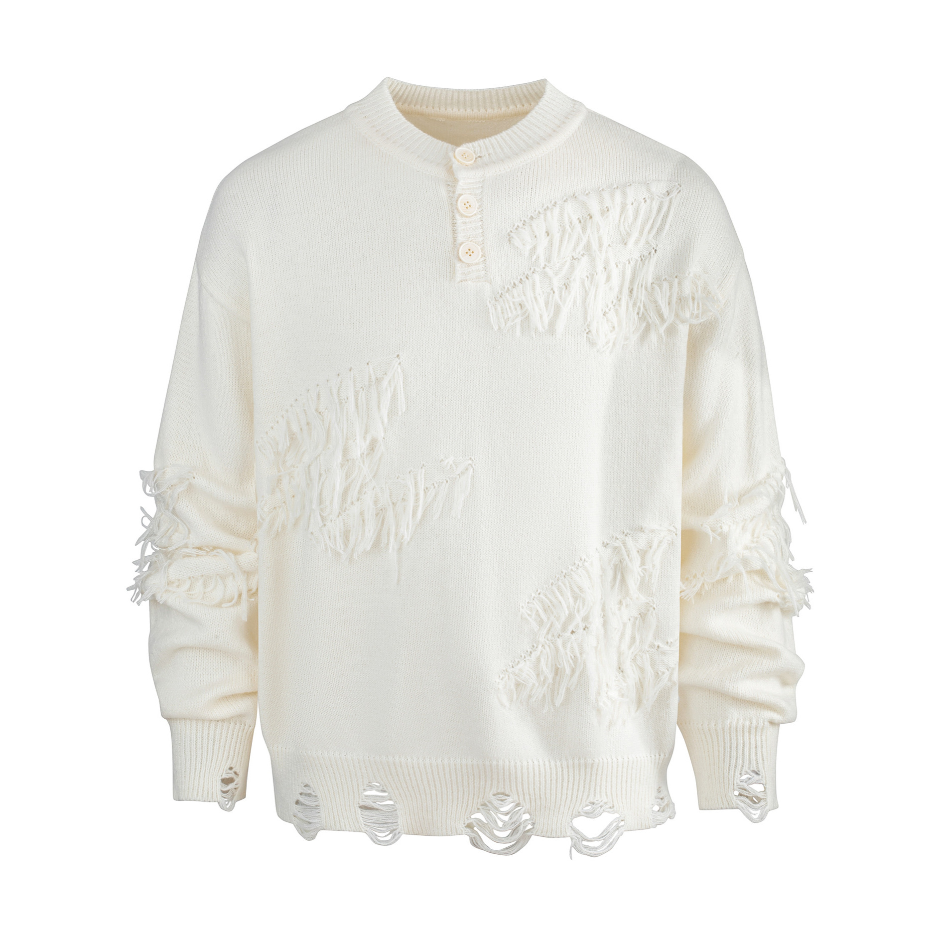 Men's Distressed Knit Sweater - Oversized Retro Pullover With Shirt Collar (White/Black/Gray) Fashion Trends_voghion.com