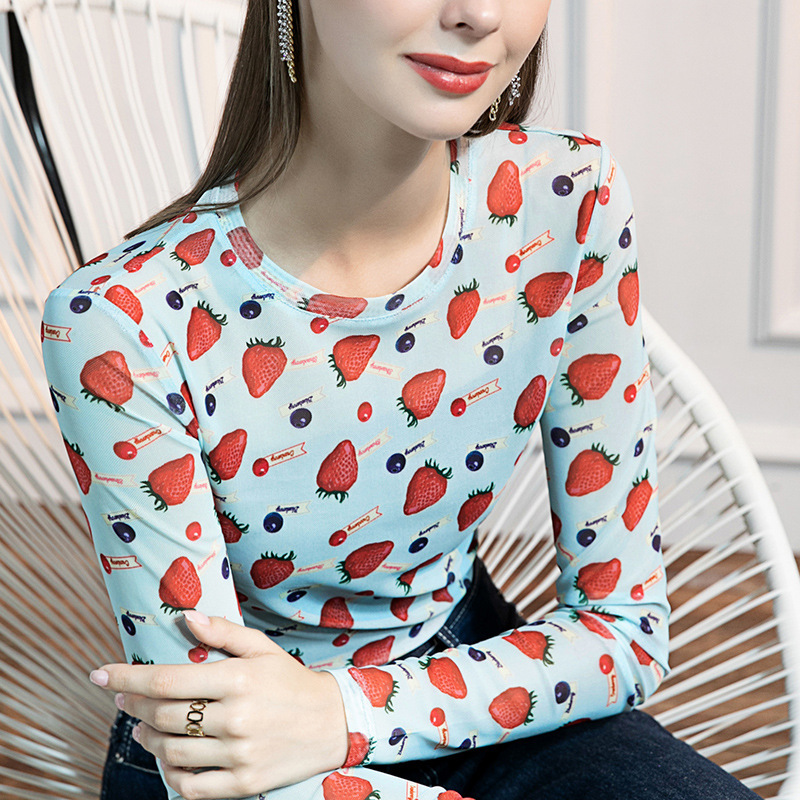 Summer New Round Neck Mesh Base Shirt Women's Printed T-shirt Stylish Sunscreen Shirt Korean-style All-match Long-sleeved Summer Summer New Round Neck Mesh Base Shirt Women's Printed T-shirt Stylish Sunscreen Shirt Korean-style All-match Long-sleeved Summer