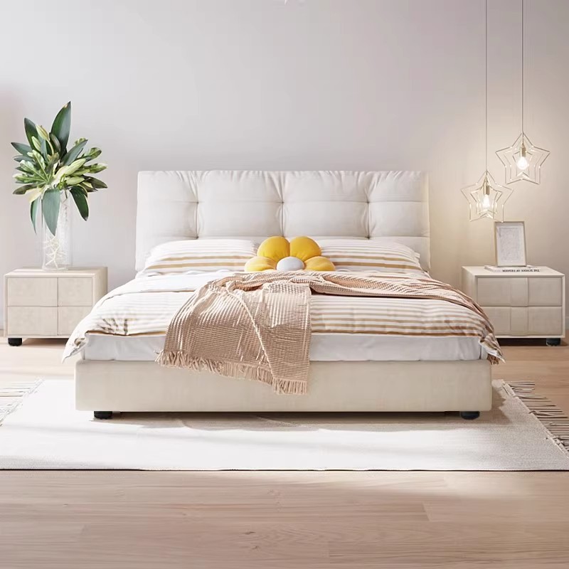 2025 nueva cama de tela francesa de aire crema moderna simple cama queen doble cama de almacenamiento