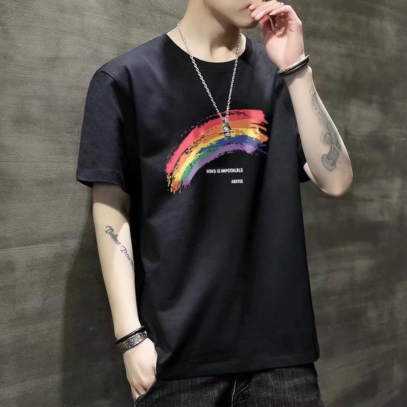 Todo fósforo Wukong está en stock marca de moda estilo de Hong Kong estampado de arco iris manga corta hombre hip-hop calle suelta ins pareja camiseta top