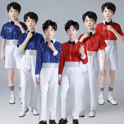 Children boys red blue sequins jazz dance costumes boy suspenders school choir chorus piano recite stage performance outfits for children