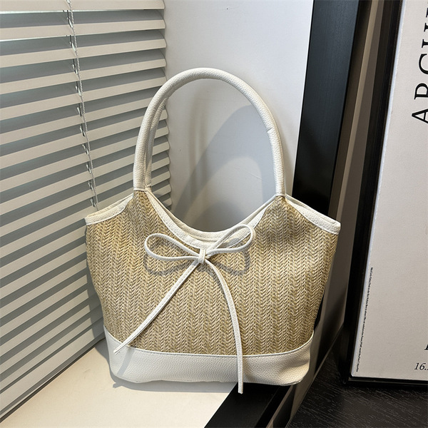 Summer 2025 Bow Armpit Bag Women's Fashion Casual Large Capacity Hand Bag Niche Straw Contrast Color Shoulder Bag