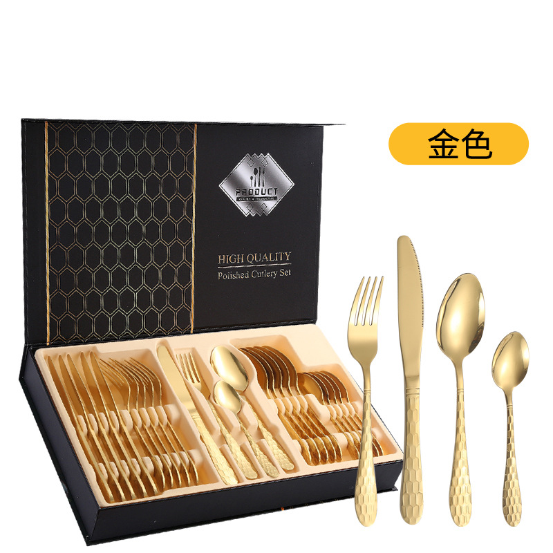 Cuchilleras de acero inoxidable 24 piezas de restaurante de hotel cuchillo y tenedor cucharas conjuntos conjuntos de caja de regalo de serie de cubo de agua transfronteriza