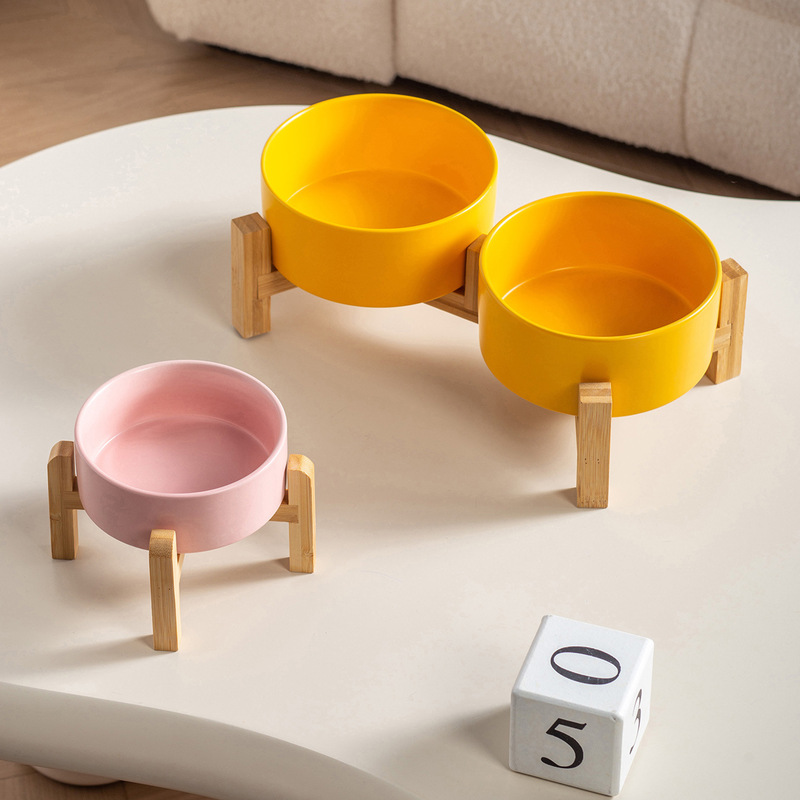 Pet dog food bowl dog food bowl cat bowl ceramic cat bowl raised bamboo frame to protect cervical vertebra drinking bowl from overturning