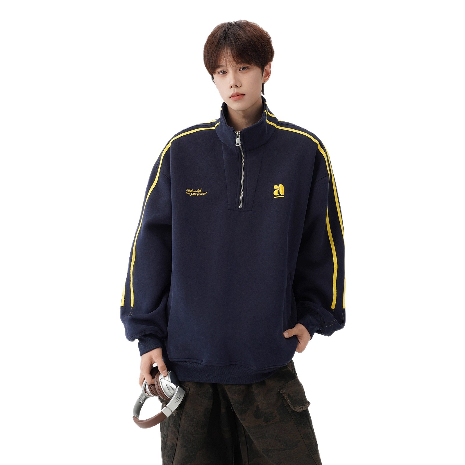 American Striped Stand-up Collar Couple Sweater Men's Autumn Tide Brand Retro Half-zipper Top Design Sense Heavy Sports Jacket_viptrois.com