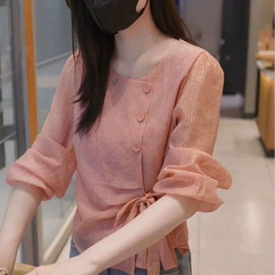 2025 новый шифоновая рубашка топ нерегулярный лук с круглым вырезом дикий дизайн с длинными рукавами рубашка