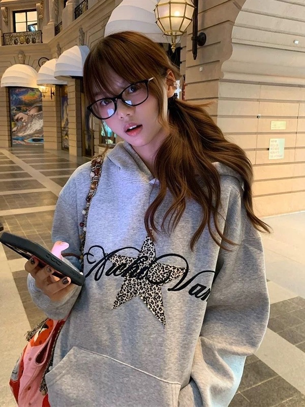 美式复古星星豹纹字母印花百搭重磅套头连帽宽松卫衣ins上衣外套|undefined