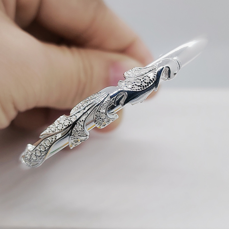 White Copper Seiko Carved Single Phoenix Bracelet Women's Silver Bracelet Antique Luxury Fashion Jewelry Silver Jewelry Push-Pull Adjustable
