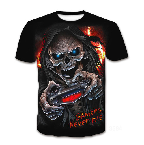 Summer 3D Digital Printing Men's Printed Fashion T-Shirt with Round Neck, Horror Skull Head Series
