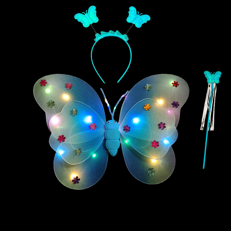 Mariposa luminosa alas de niña espalda juguetes flash niños maravillosos hadas varitas mágicas hadas flores set de tres piezas