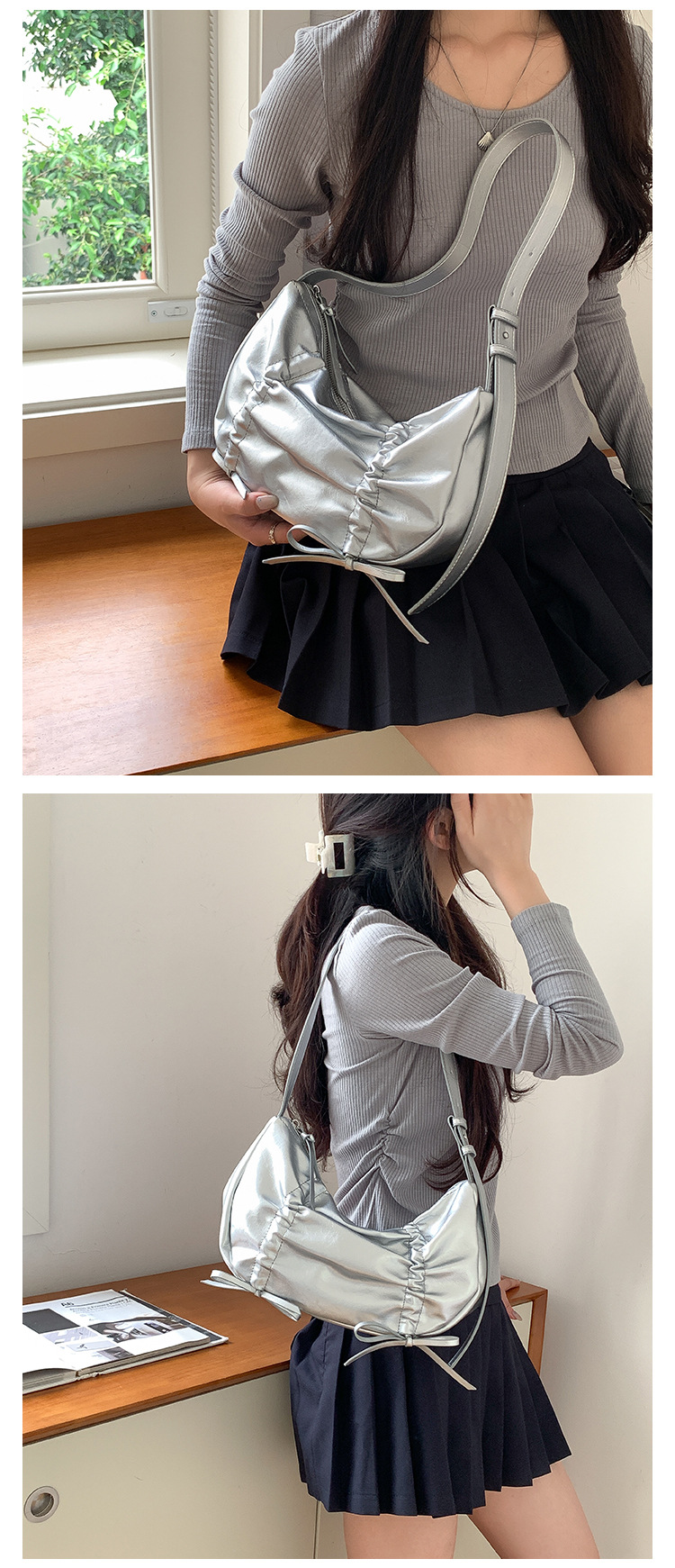 Versione coreana in morbida pelle plissettata 2024 nuovo fiocco tinta unita stile di nicchia alla moda spalla singola sotto le ascelle_voghion.com