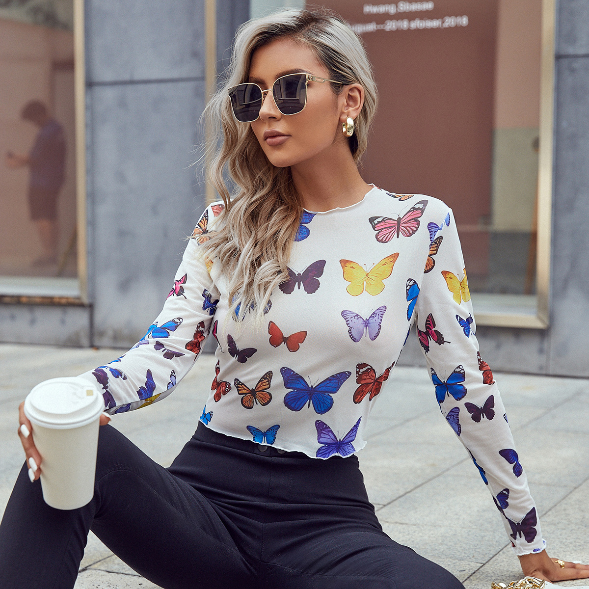 slim butterfly print long-sleeved T-shirt nihaostyles wholesale clothes NSYSQ90515