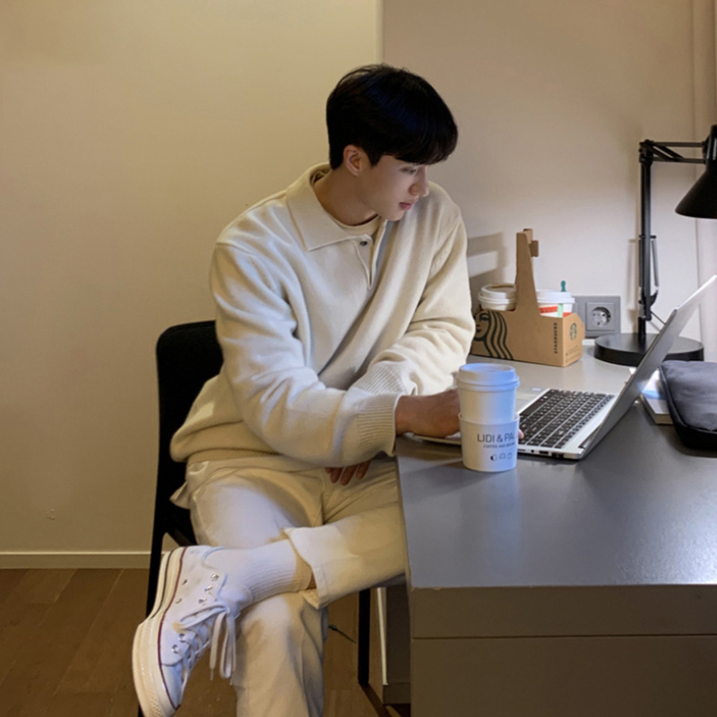 Asclo New Dongdaemun Korean Men's Clothing Lapel Sweater Men's Designer Polo Collar Skin-Friendly Loose Autumn Casual