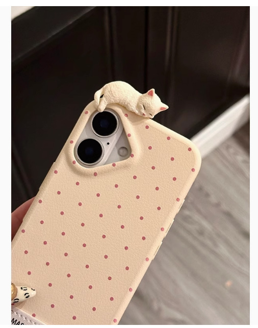 Lindo gato de lunares Iphone16promax fiesta tridimensional Apple 15pro funda para teléfono móvil para cuero 15p