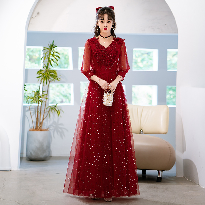 Maternity Toast Dress Bridal Tulle 2026 Burgundy Long-Sleeved Long Dress Banquet Plus Size Evening Dress Elegant
