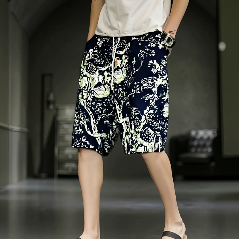 Шорты в этническом стиле Санья, удлиненные, с принтом, винтажные мужские шорты из хлопка и льна в этническом стиле Даи, пляжные шорты для мужчин, свободные и удобные.