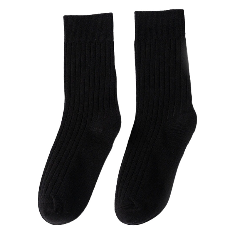 Calcetines de la mitad de la pantorrilla de las mujeres en blanco y negro liso color sólido tira gruesa doble aguja calcetines de becerro boca suelta estudiante pila calcetines al por mayor